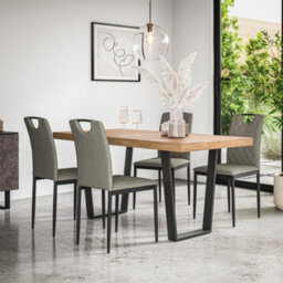 More4Homes Aria Dining Table And Chairs -  Oak Effect Table Top W Black Legs + Monza Linen Dining Chair Set Of 6 (Grey)