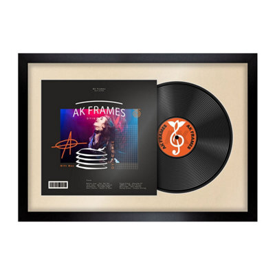 "AK Frames 25X17"" Black Sleek Vinyl Record Frame With Ivory Mount For 12 Inch Lp Cover & Disc - Overlapped Design" - image 1