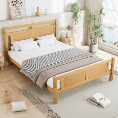 Matteo Natural Wooden Double Bed Frame With Rattan Effect Headboard & Sturdy Slats - 4Ft6 (135X190Cm) Diy Assembly - image 1