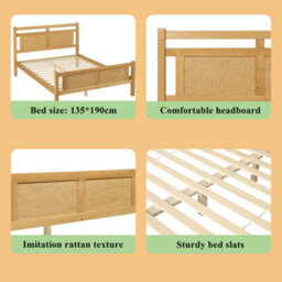 Matteo Natural Wooden Double Bed Frame With Rattan Effect Headboard & Sturdy Slats - 4Ft6 (135X190Cm) Diy Assembly - thumbnail 5