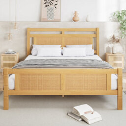Matteo Natural Wooden Double Bed Frame With Rattan Effect Headboard & Sturdy Slats - 4Ft6 (135X190Cm) Diy Assembly - thumbnail 3