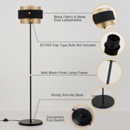 Harper Living Black & Gold Floor Lamp, 40W E27 Standing Lamps For Living Room, Bedroom - Metal Mesh & Fabric Shade - thumbnail 4