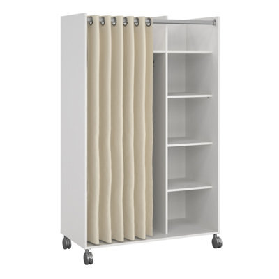 Furniture To Go Uppsala Open Mobile Wardrobe Unit In White With A Beige Textile Curtain On Wheels - image 1