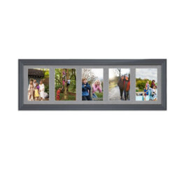 AK Frames 26X8 Dark Grey Classic Multi Photo Frame With Mid Grey Mount - Holds 5 Apertures (5X) 6X4 Photos