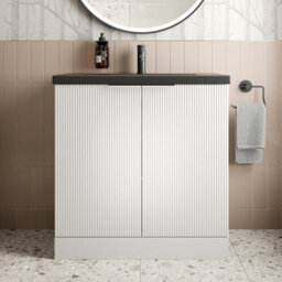 Aveli 800mm Fluted White Floorstanding Vanity Unit Black Ceramic Basin Chrome Handle