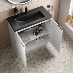 Aveli 800mm Fluted White Floorstanding Vanity Unit Black Ceramic Basin Chrome Handle - thumbnail 3