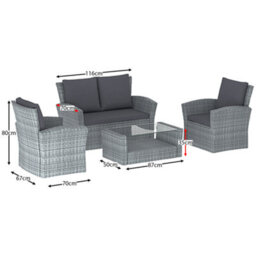 Lassic Garden Vida Grey Mylor Rattan Garden Furniture Set Patio Conservatory Balcony Outdoor 4 Seater Piece Glass Top Table, Ukfr - thumbnail 2