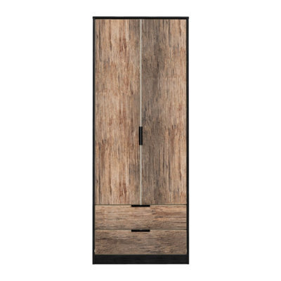 Fuji 2 Door 2 Drawer Wardrobe In Vintage Oak & Black (Ready Assembled)
