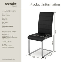 Tectake Set Of 2 Dining Chairs - Cantilevered, High Backrest, Flat Steel Frame  - Black - thumbnail 6