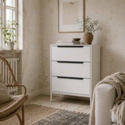 Wyld Haus Kakara 3-Drawer Fabric Dresser, White Wood-Effect Frame, Diamond-Stitched Fronts, 595X300X735mm
