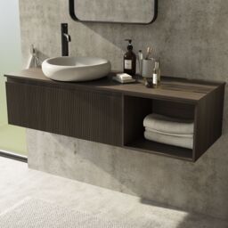 GoodHome Kentia Ribbed Effect Walnut Veneer Wall-Mounted Bathroom Cabinet (H) 300mm (W) 800mm - thumbnail 5