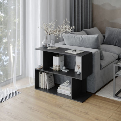 Urbn-Living Urbnliving 80Cm Width Black 2-Tier Bookcase Irregular Storage Shelf Wooden Shelving Display Organiser Unit - image 1