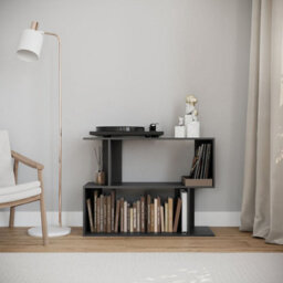 Urbn-Living Urbnliving 80Cm Width Black 2-Tier Bookcase Irregular Storage Shelf Wooden Shelving Display Organiser Unit - thumbnail 2
