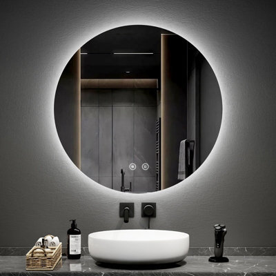 Emke Round Bathroom Mirror With Led Lights, 800mm Wall Mounted Vanity Mirror With Touch, Demister And Memory Dimmable - image 1