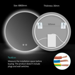 Emke Round Bathroom Mirror With Led Lights, 800mm Wall Mounted Vanity Mirror With Touch, Demister And Memory Dimmable - thumbnail 5