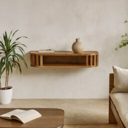 Wyld Haus Kailua Floating Mango Wood Slatted Console Table With Bone Inlay