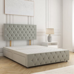 Bsspoke Mulberry Divan Bed Set Silver Plush Velvet 24Inch Headboard & Footboard 2 Drawers Footend & No Mattress In All Sizes