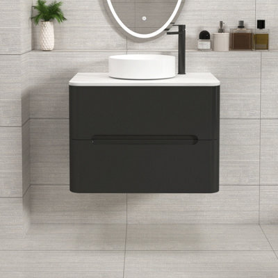 Royal Bathrooms Venice 700mm Matt Nocturne Black Wall Mounted Vanity Unit 2 Drawer Carrara White Undrilled Worktop & Without Basin - image 1