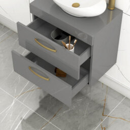 Royal Bathrooms Turin 600mm Wall Mounted Bathroom Vanity Unit With Sink 2 Drawer Indigo Grey Gloss & Round Countertop Basin - thumbnail 4