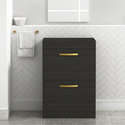 Royal Bathrooms Turin 600mm Hale Black Floor Standing Worktop Vanity Unit - 2 Drawer With Brushed Brass Handle - image 1