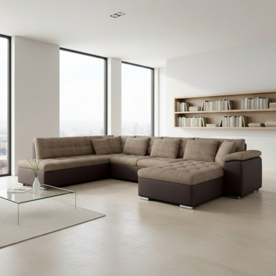 Niko Bis Fold Out U Shape Corner Sofa Chipboard Frame With Storage Bed 350X205X76 Cm Beige And Brown Right - image 1