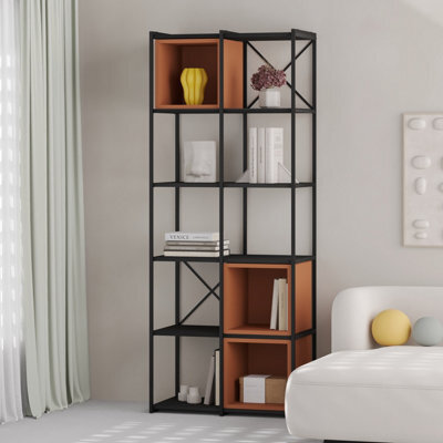 Decortie Modern Vale Midi Bookcase Display Unit 5-Tier Metal Frame 3 Adjustable Shelf 18mm Engineered Wood (Black Wood, Cinnamon) - image 1