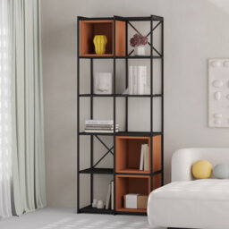 Decortie Modern Vale Midi Bookcase Display Unit 5-Tier Metal Frame 3 Adjustable Shelf 18mm Engineered Wood (Black Wood, Cinnamon)