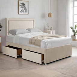Cream Plush 6Ft Super King Size Bed With Matttress  2 Storage Drawers And 20 Inch Plain Borderd Headboard - thumbnail 1