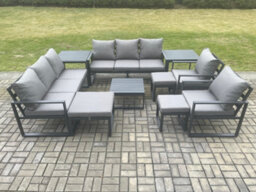 Fimous Aluminium Outdoor Garden Furniture Set Patio Lounge Sofa With Coffee Table 2 Side Tables 2 Armchairs 3 Footstools - thumbnail 1