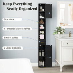 Gainoom 180 Cm Tall Bathroom Cabinet Black Narrow Storage Organizer W/ 3 Doors - thumbnail 5