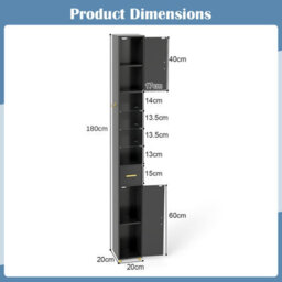 Gainoom 180 Cm Tall Bathroom Cabinet Black Narrow Storage Organizer W/ 3 Doors - thumbnail 2