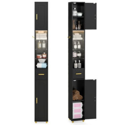 Gainoom 180 Cm Tall Bathroom Cabinet Black Narrow Storage Organizer W/ 3 Doors