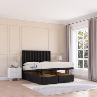 Sloomy Manhattan End Lift Ottoman Bed 5Ft With Sprung Memory Mattress - Black Plush & Headboard- King - image 1