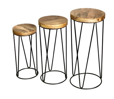 Buttercup Farm Ravi Iron Base Solid Wood Top Round Stool (Set Of 3) - L30 X W30 X H69 Cm - Mango Light Finish - image 1