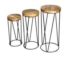 Buttercup Farm Ravi Iron Base Solid Wood Top Round Stool (Set Of 3) - L30 X W30 X H69 Cm - Mango Light Finish - thumbnail 2
