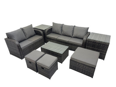 Fimous Outdoor Love Sofa 3 Seater Sofa Coffee Table Set Garden Rattan Furniture Set 8 Seater With 2 Side Tables 3 Stools Dark Grey - image 1