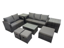 Fimous Outdoor Love Sofa 3 Seater Sofa Coffee Table Set Garden Rattan Furniture Set 8 Seater With 2 Side Tables 3 Stools Dark Grey - thumbnail 1