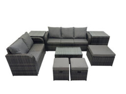 Fimous Outdoor Love Sofa 3 Seater Sofa Coffee Table Set Garden Rattan Furniture Set 8 Seater With 2 Side Tables 3 Stools Dark Grey - thumbnail 2