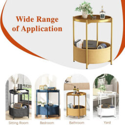Huhote Stylish Round Side Table With 2 Tiers And Fabric Basket In Gold End Table Beside Table - thumbnail 6