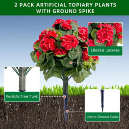 London Boutique Red 55Cm Artificial Topiary Ball Trees Set Of 2, Uv Resistant Faux Plants For Patio Garden Decor - thumbnail 3