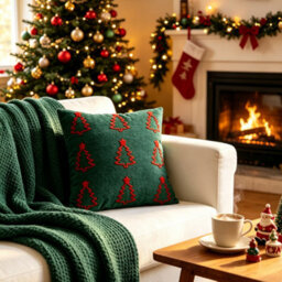 Amorly Green Red Christmas Tree Embroidered Throw Pillow Cover 45X45Cm Holiday Cushion Case Without Insert - thumbnail 2