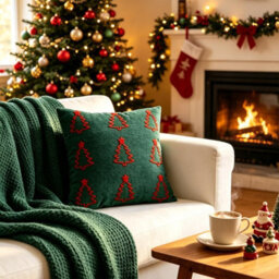 Amorly Green Red Christmas Tree Embroidered Throw Pillow Cover 45X45Cm Holiday Cushion Case Without Insert - thumbnail 4