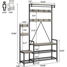 Coat Rack Hall Tree Bench Hook Shoe Storage Coat Storage Grey - thumbnail 3