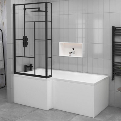 Royal Bathrooms Qubix 1600 X 850mm Acrylic Left Hand L-Shaped Shower Bathtub With Front, End Panel & Matt Black Abstract Grid Screen - image 1