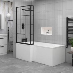 Royal Bathrooms Qubix 1600 X 850mm Acrylic Left Hand L-Shaped Shower Bathtub With Front, End Panel & Matt Black Abstract Grid Screen - thumbnail 3