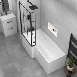 Royal Bathrooms Qubix 1600 X 850mm Acrylic Left Hand L-Shaped Shower Bathtub With Front, End Panel & Matt Black Abstract Grid Screen - thumbnail 4