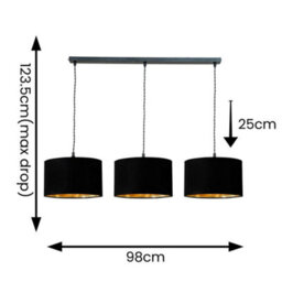 Valuelights Reni Black & Gold Drum Shade 3 Drop Bar Matte Black Diner Ceiling Pendant Light - thumbnail 7