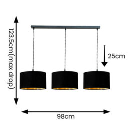Valuelights Reni Black & Gold Drum Shade 3 Drop Bar Matte Black Diner Ceiling Pendant Light - thumbnail 6