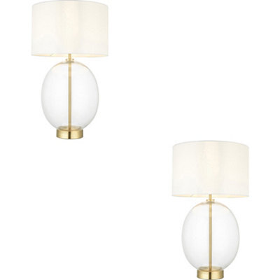 Loops 2 Pack Satin Brass Plate Table Lamp - Rounded Clear Glass With Vintage White Fabric Shade - Touch Dimmable - image 1