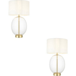 Loops 2 Pack Satin Brass Plate Table Lamp - Rounded Clear Glass With Vintage White Fabric Shade - Touch Dimmable